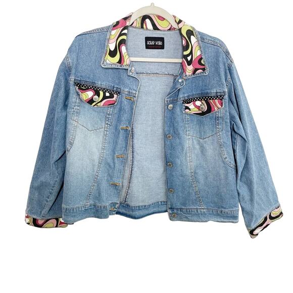 SCRAP WORK Y2K Groovy Print Denim Jacket Size Large - Picture 2 of 6